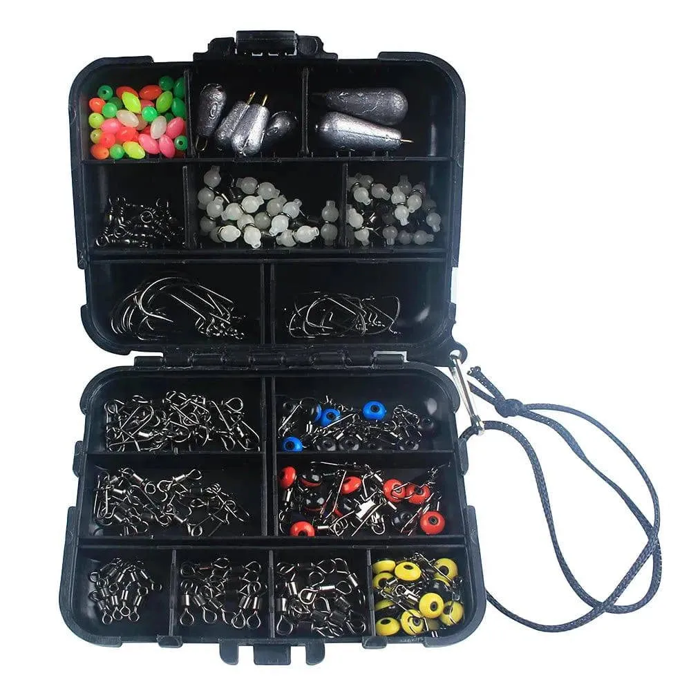 177pcs Fishing Accessories Kit Crank Hooks Sinker Weights Swivels Snaps Connectors Beads Fishing Tackle Box Set