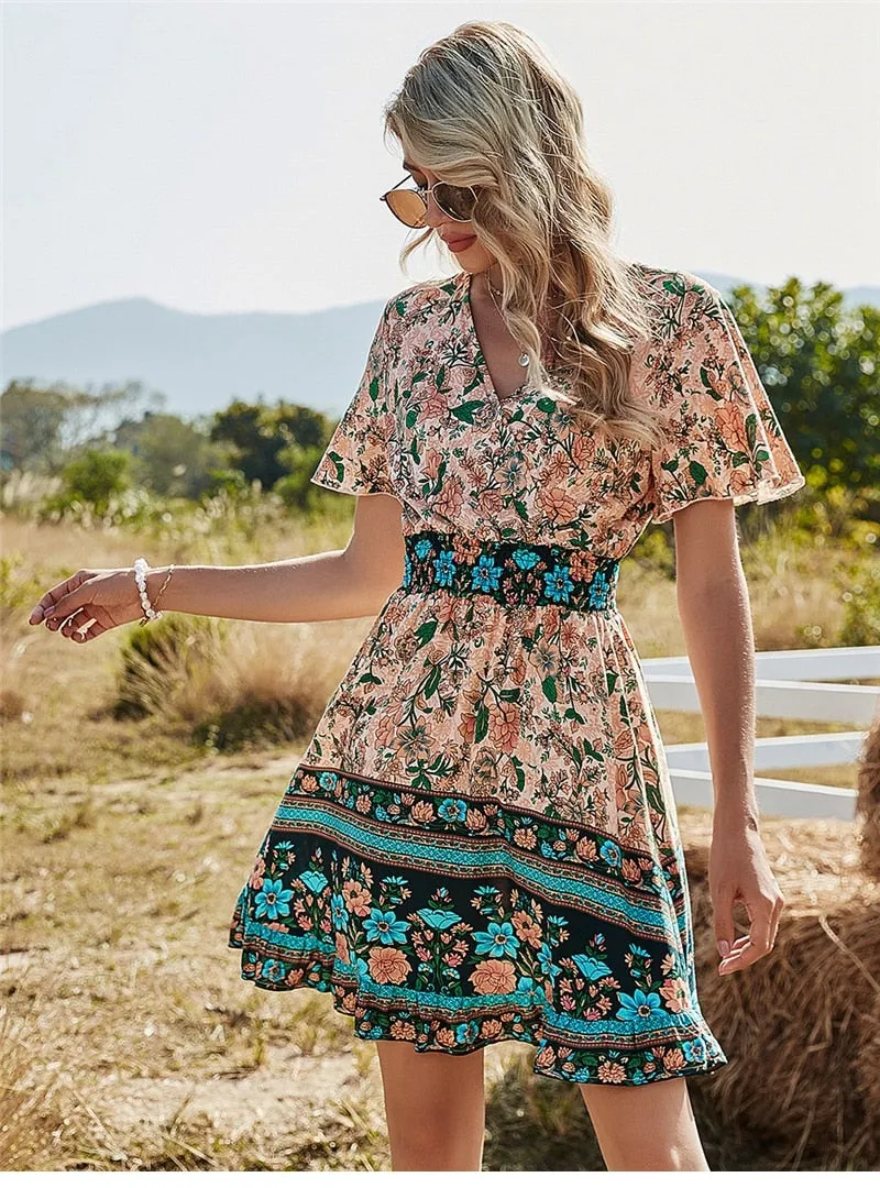 Amy Fashion - Casual V Neck High Waist Short Sleeve Print Dress