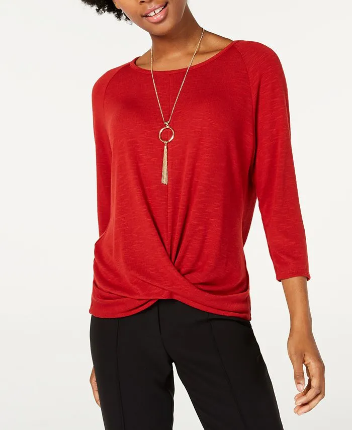 BCX Women's Stretch Twist hem with Necklace 3/4 Sleeve Top Red Size Large