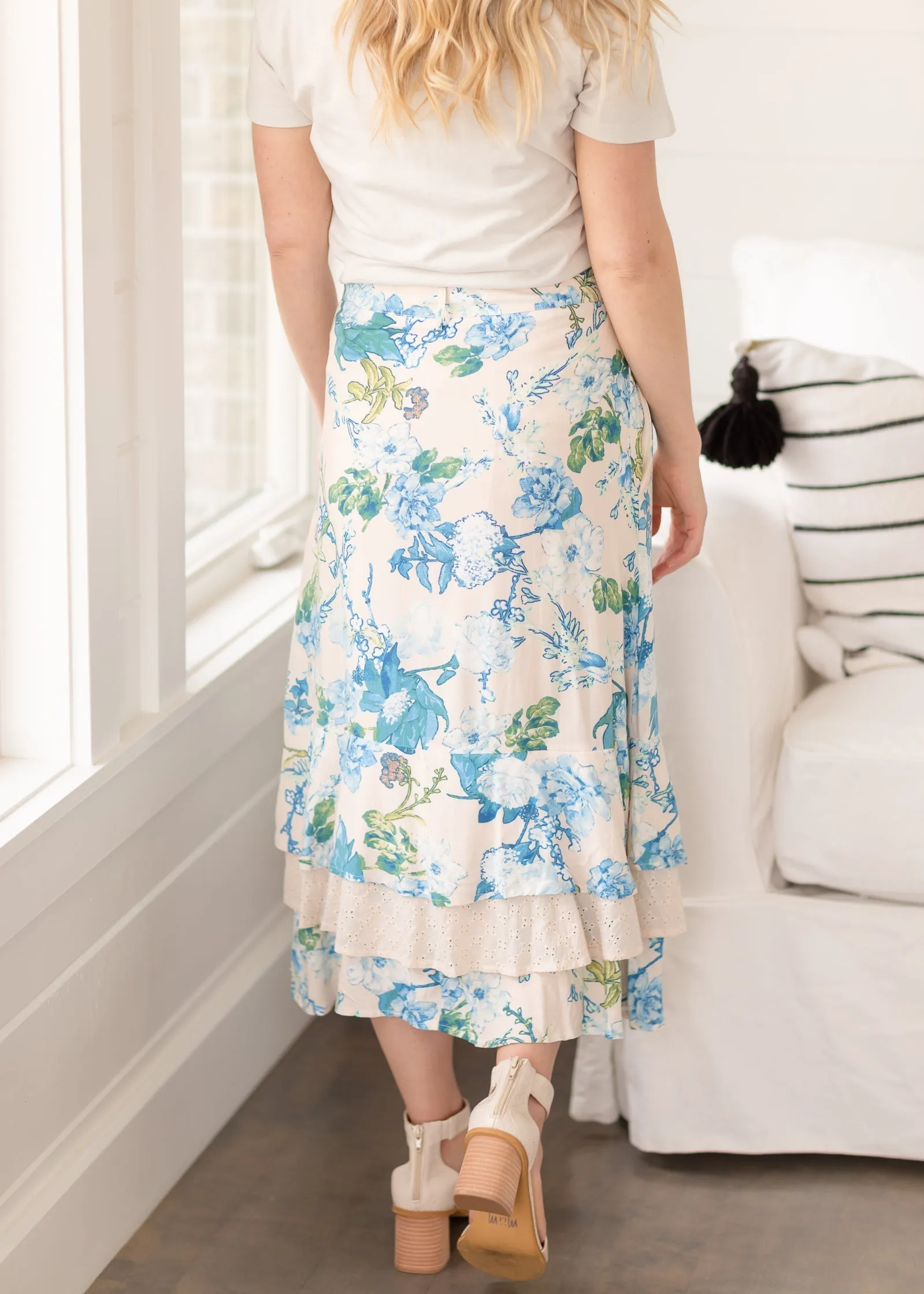 Beige Layered Ruffle Floral Midi Skirt - FINAL SALE