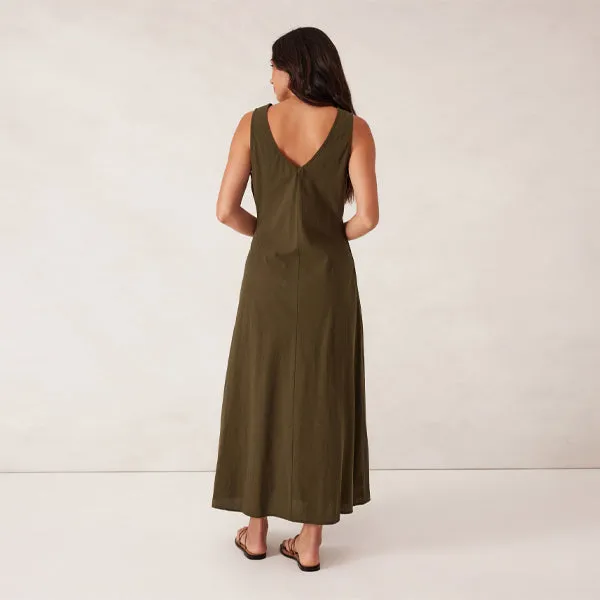 Bias Textured Cotton Midi Dress - Deep Olive