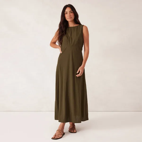 Bias Textured Cotton Midi Dress - Deep Olive