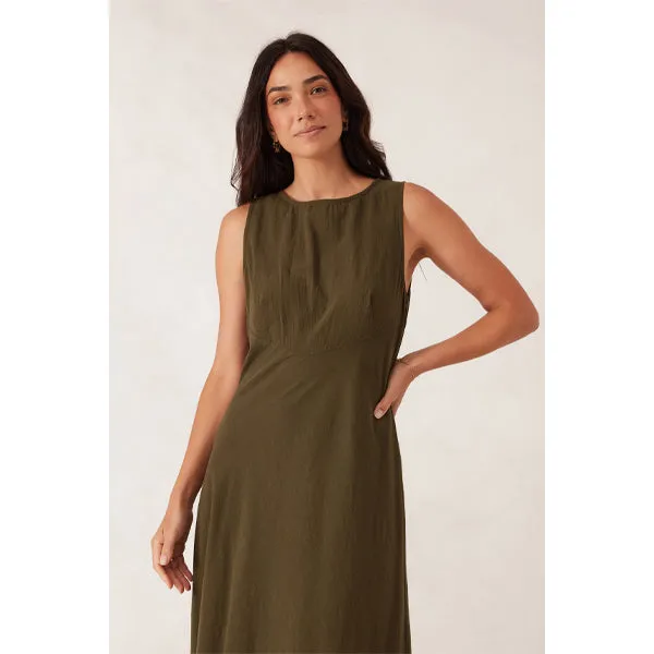 Bias Textured Cotton Midi Dress - Deep Olive