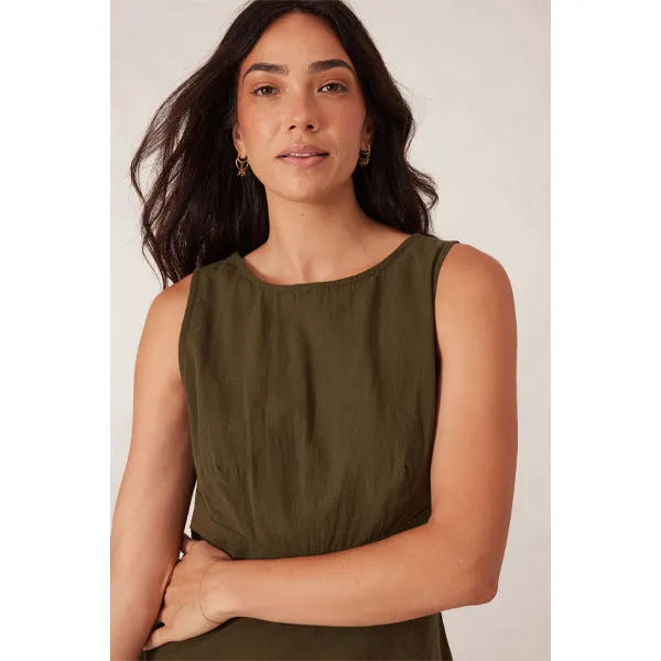 Bias Textured Cotton Midi Dress - Deep Olive