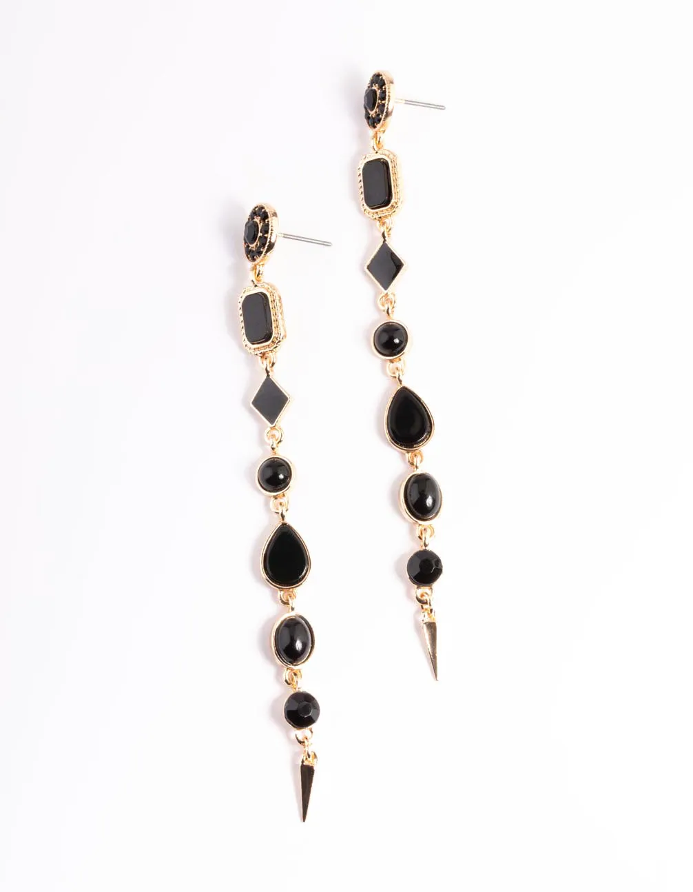 Black & Gold Long Mixed Stone Drop Earrings