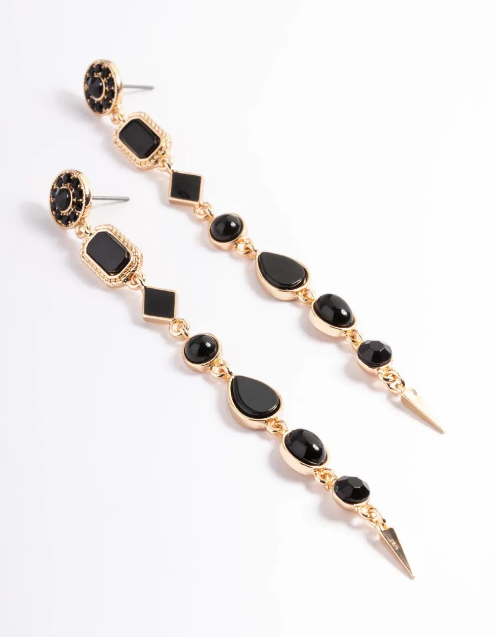 Black & Gold Long Mixed Stone Drop Earrings