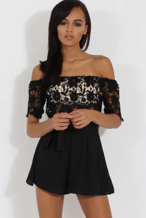 Black Bardot Crochet Playsuit - Wynn