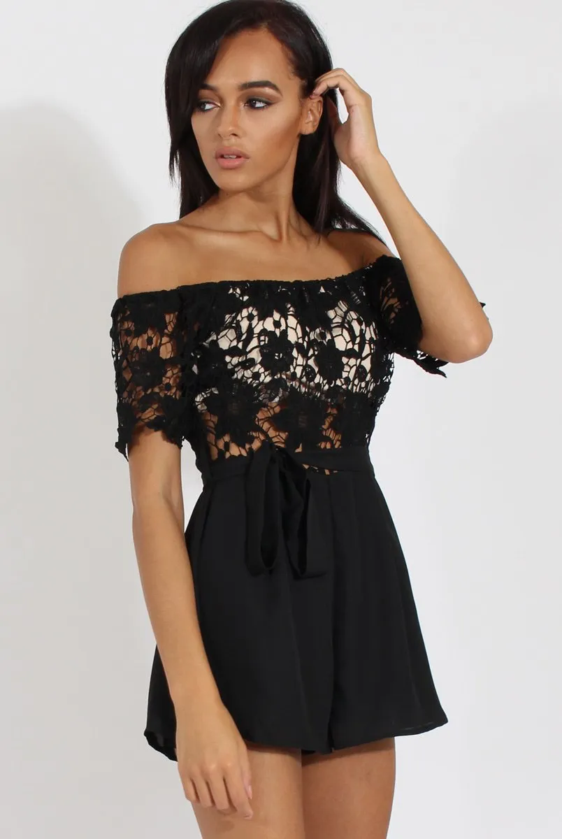 Black Bardot Crochet Playsuit - Wynn