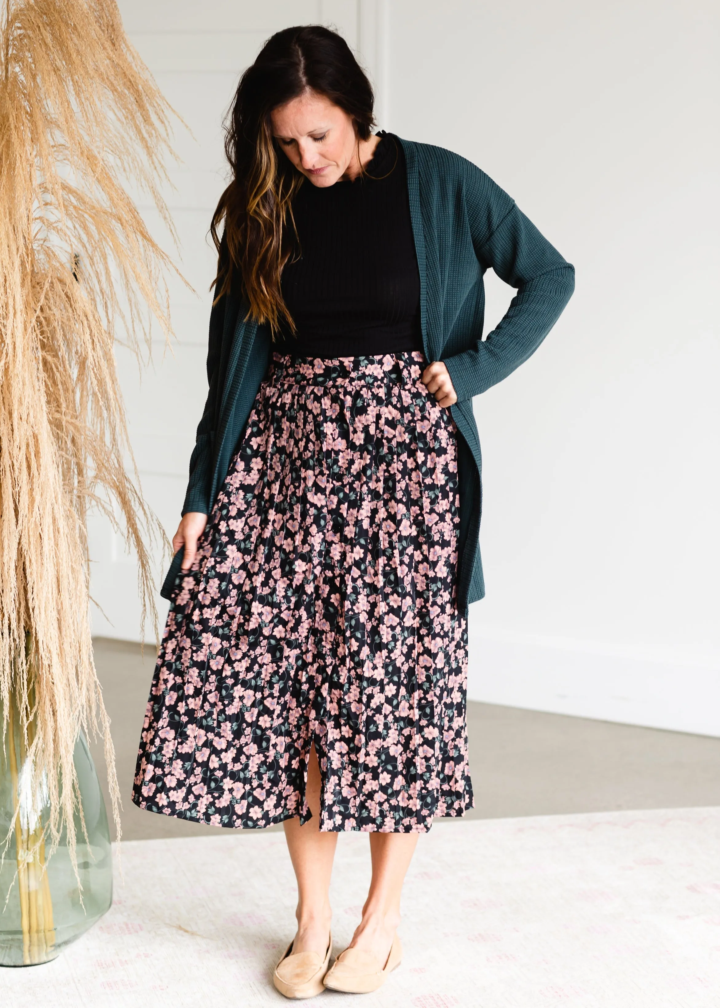 Black Button Up Blush Floral Midi Skirt - FINAL SALE