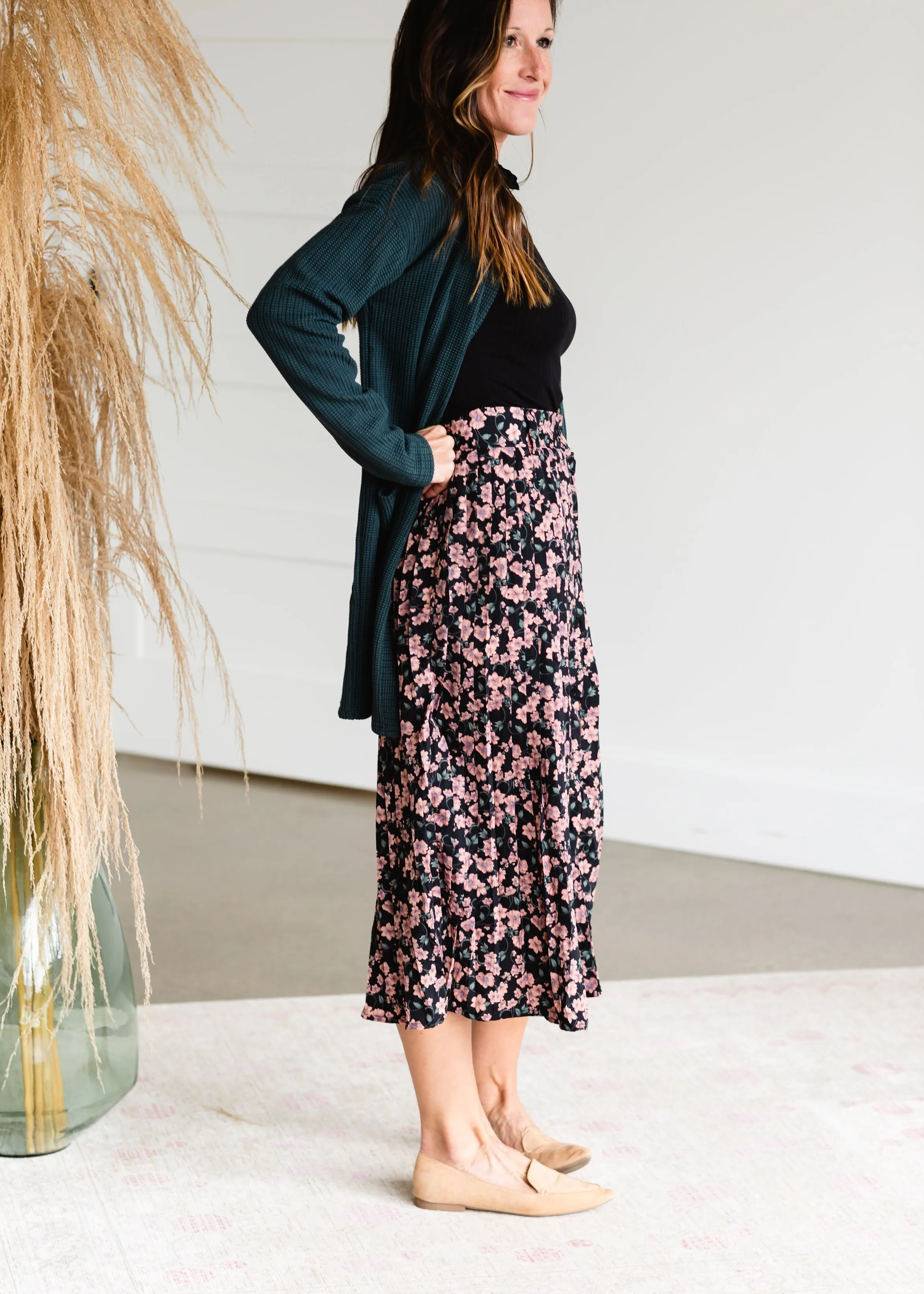 Black Button Up Blush Floral Midi Skirt - FINAL SALE