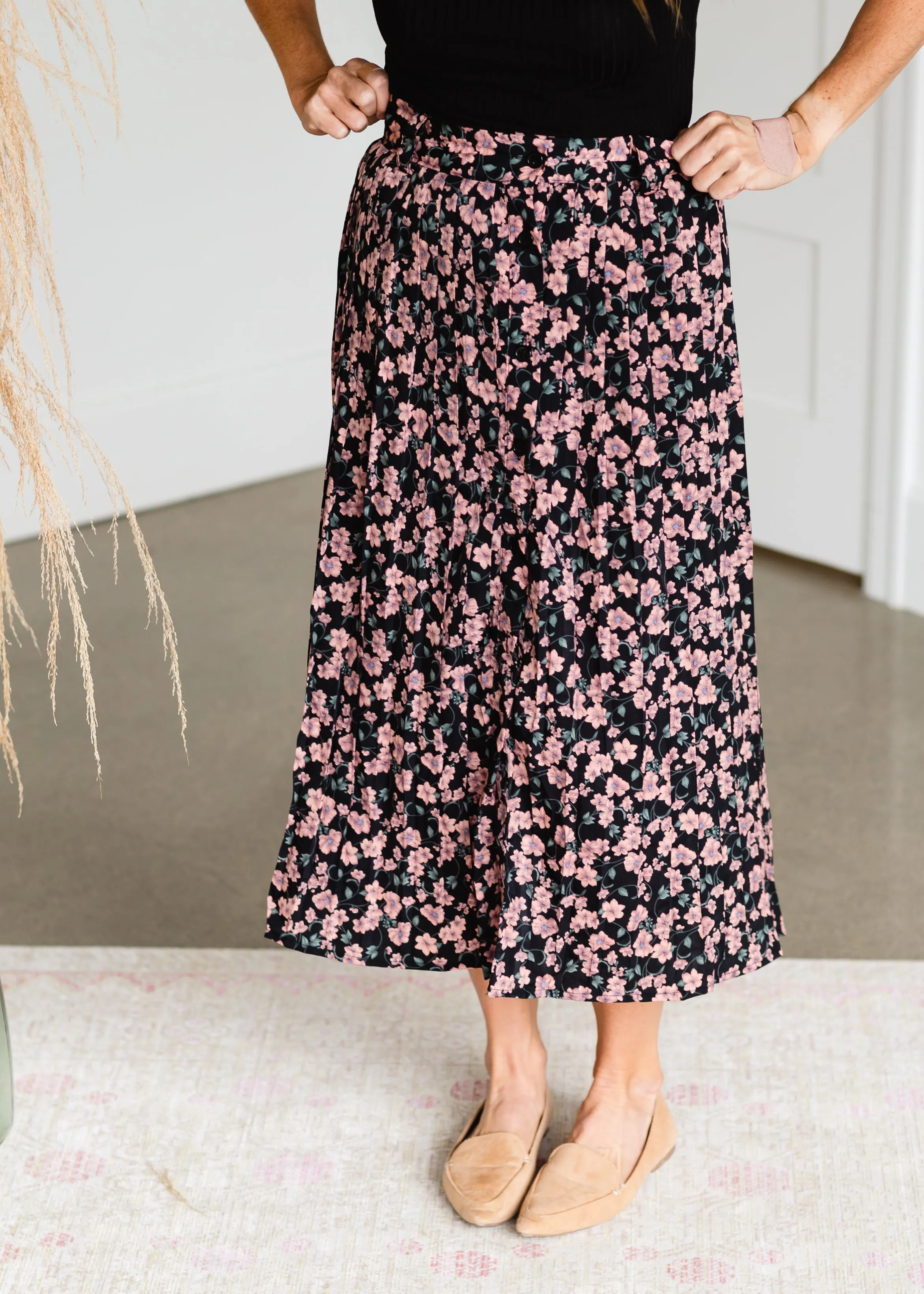 Black Button Up Blush Floral Midi Skirt - FINAL SALE