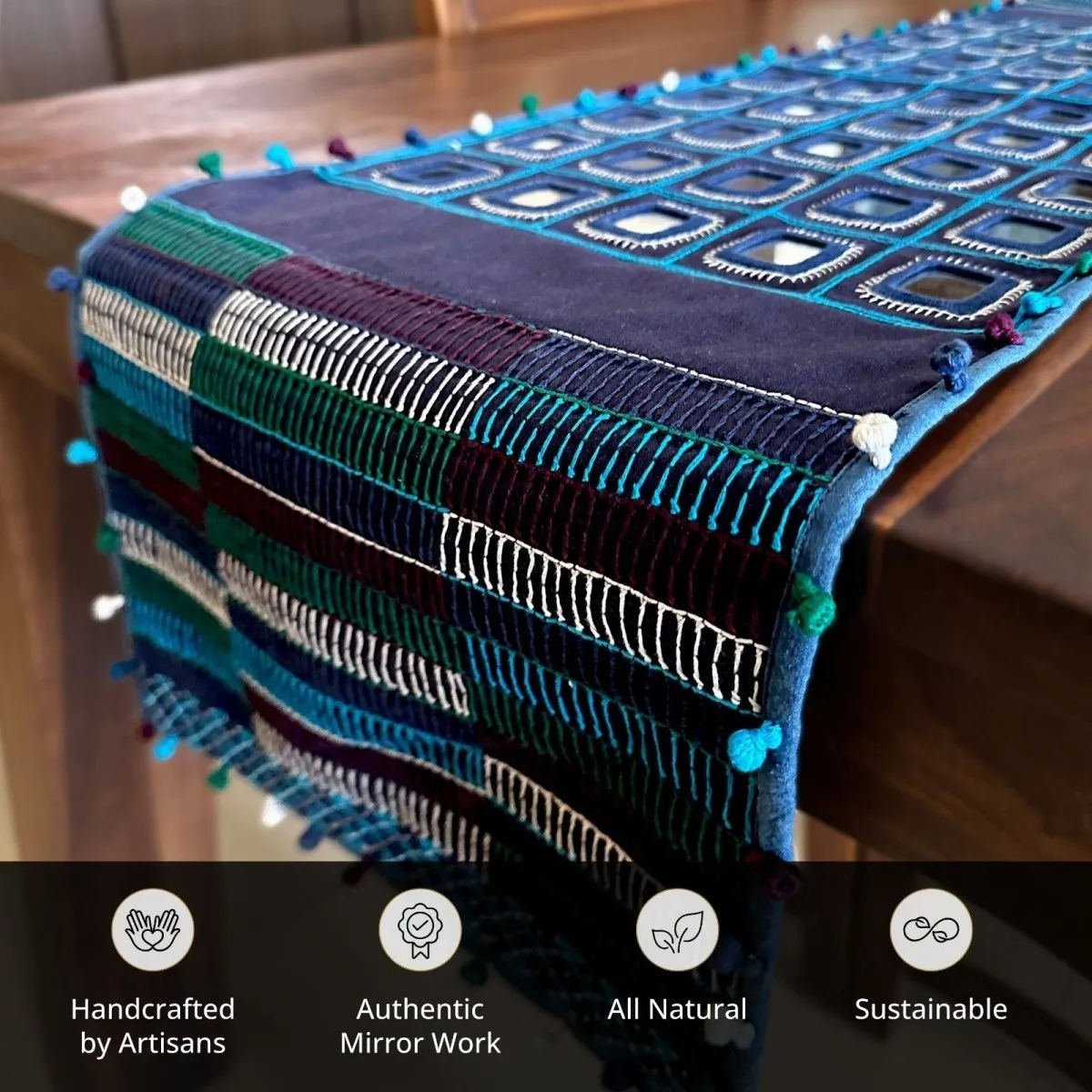 Blue Handwoven Mirror & Thread-Work Table Runner