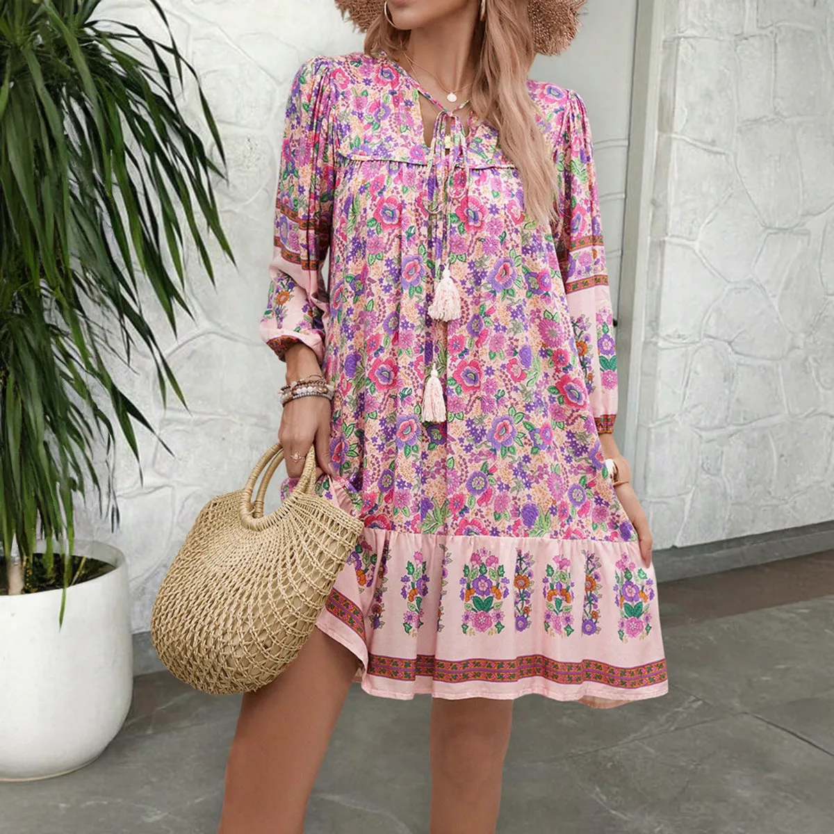 Bohemian Casual V-Neck Printed Dresses Wholesale Womens Clothing N3824062100006