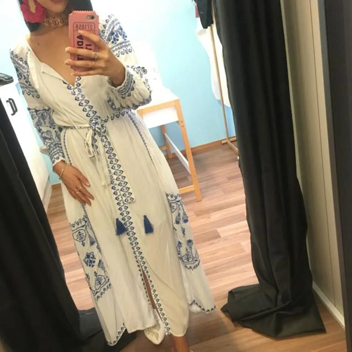 Bohemian Embroidered Maxi Dress with Puff Sleeves | Bahia Maxi Dress