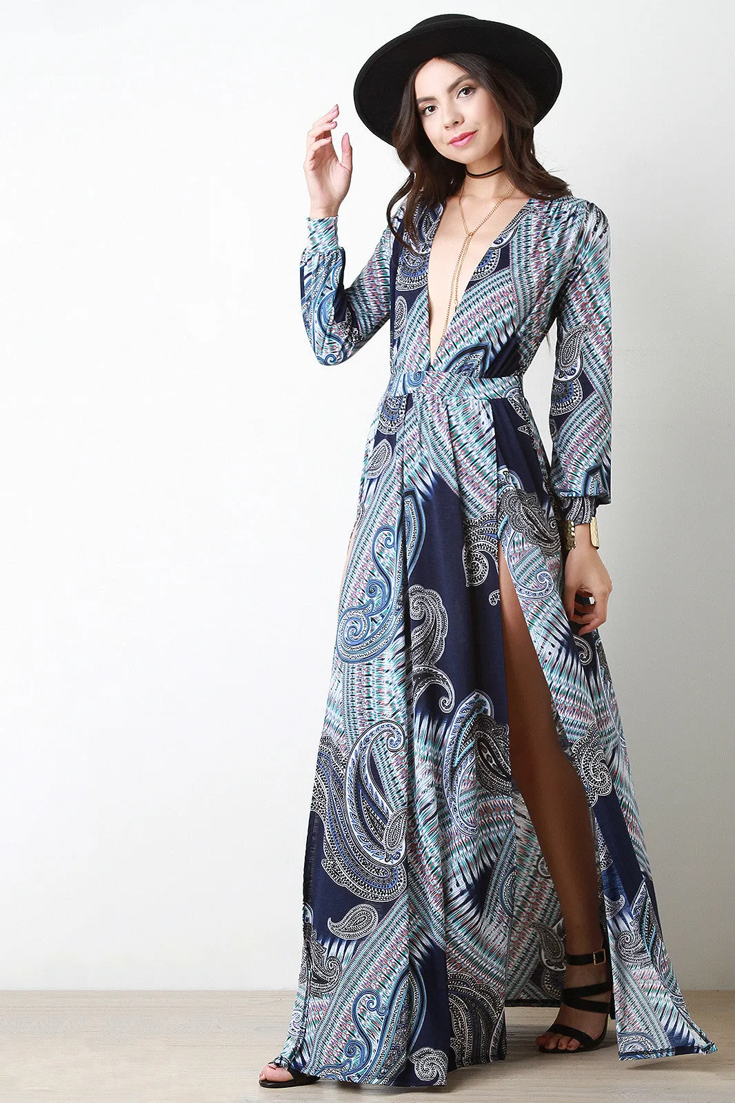 Bohemian Plunging V Cuff Sleeves High Slit Dress