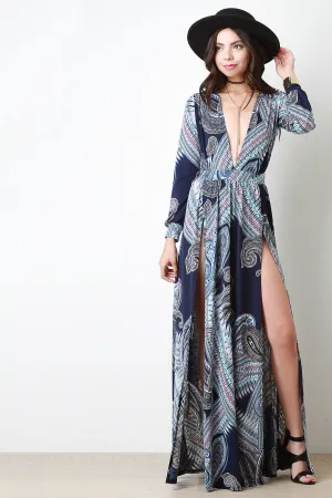 Bohemian Plunging V Cuff Sleeves High Slit Dress