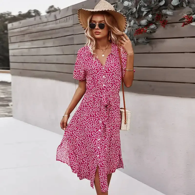 Boho Chic Floral Print V-Neck Button Beach Casual Summer Midi Dress