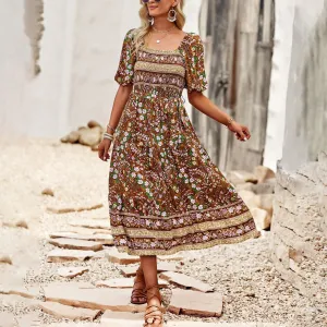 Boho Print Square Neck A-Line Bohemian Dress Wholesale Dresses