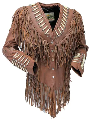 Brown Fringe Jacket w/Bone Beads & Studding #L42521FBN ()