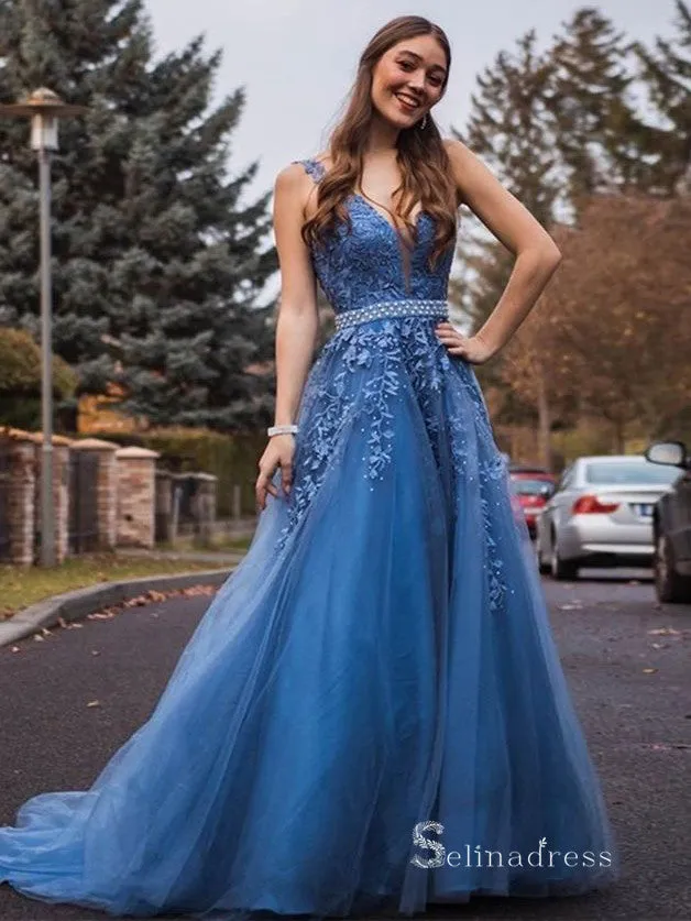 Chic A-line V neck Applique Long Prom Dresses Blue Lace Evening Gowns MHL2865