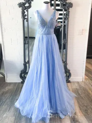 Chic A-line V neck Sky Blue Long Prom Dresses Beaded Evening Dress CBD531