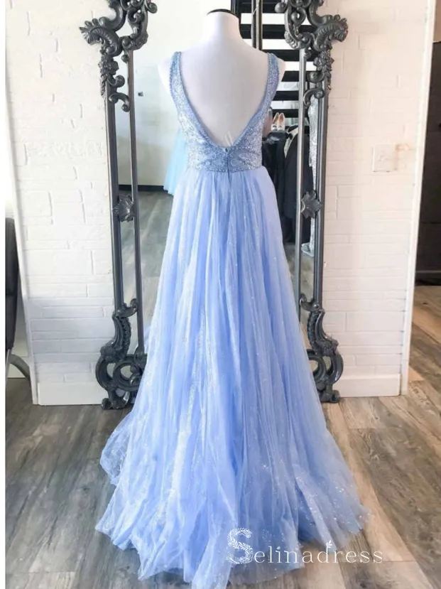 Chic A-line V neck Sky Blue Long Prom Dresses Beaded Evening Dress CBD531