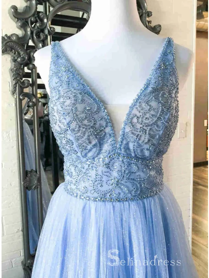 Chic A-line V neck Sky Blue Long Prom Dresses Beaded Evening Dress CBD531