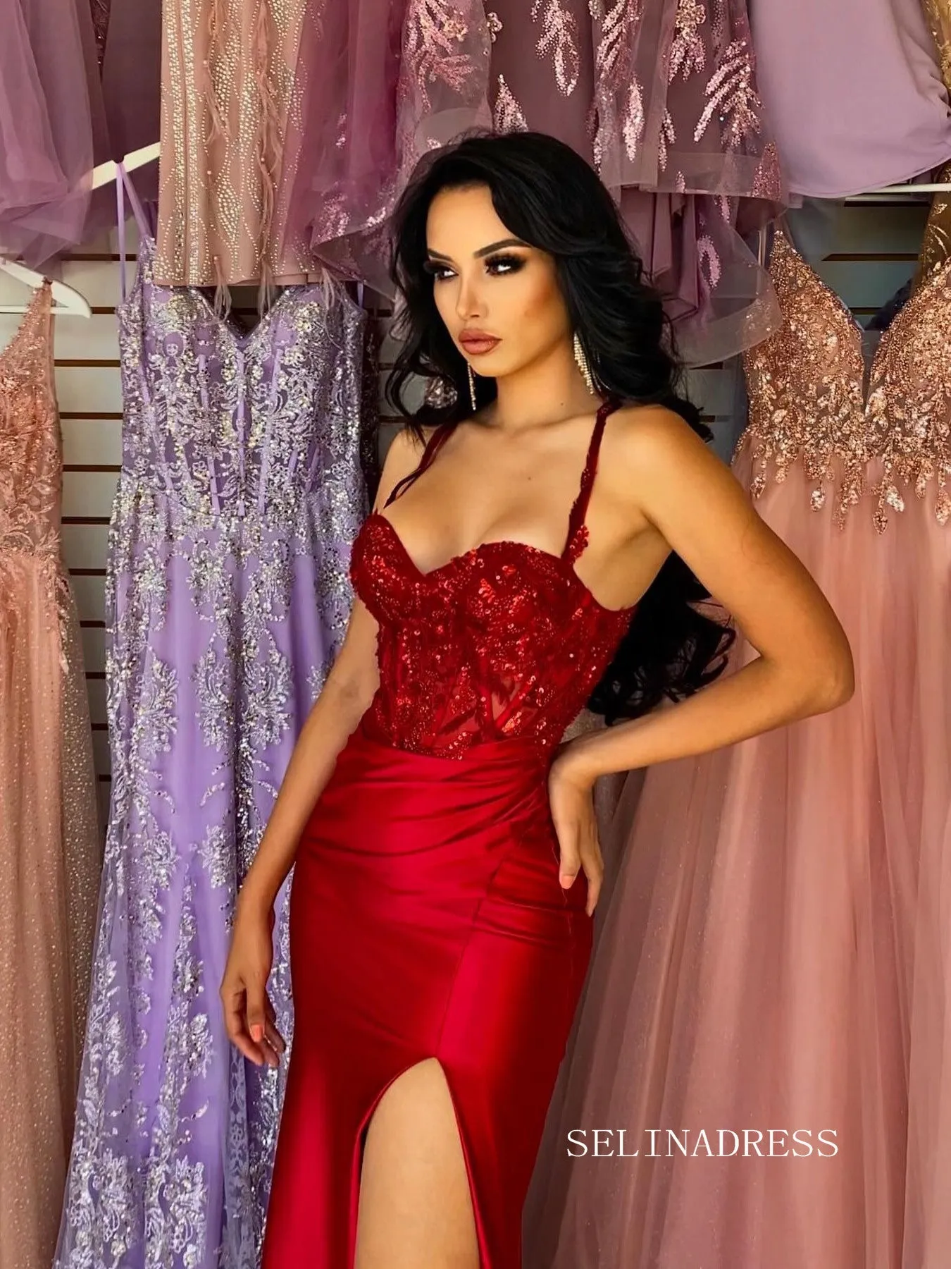 Chic Spaghetti Straps Red Long Prom Dresses Elegant Beaded Evening Dress sew03345