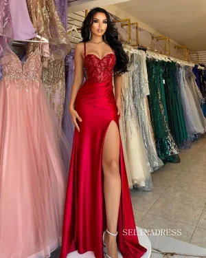 Chic Spaghetti Straps Red Long Prom Dresses Elegant Beaded Evening Dress sew03345