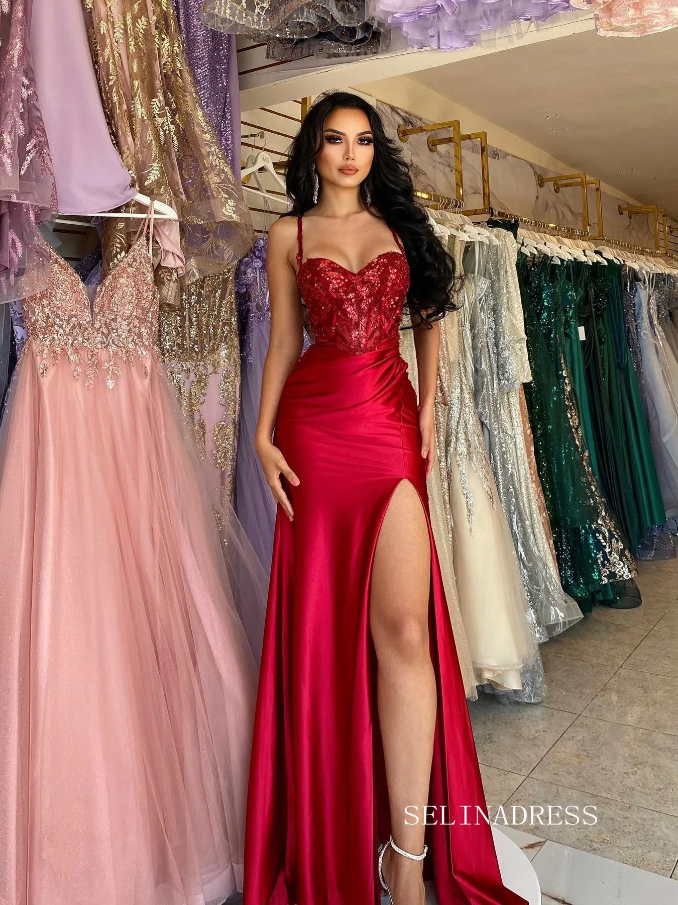 Chic Spaghetti Straps Red Long Prom Dresses Elegant Beaded Evening Dress sew03345