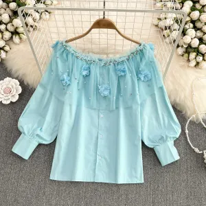 Cute applique beads long sleeve tops fashion girl tops     S399