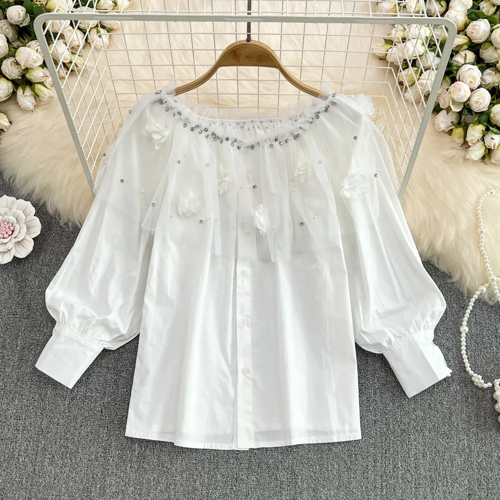 Cute applique beads long sleeve tops fashion girl tops     S399