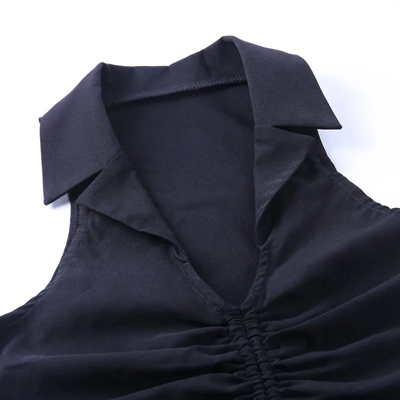 Deep V-Neck Sleeveless Tank Top Women Summer Crop Tops Ruched Drawstring Black Fashion Skinny Elastic Streetwear