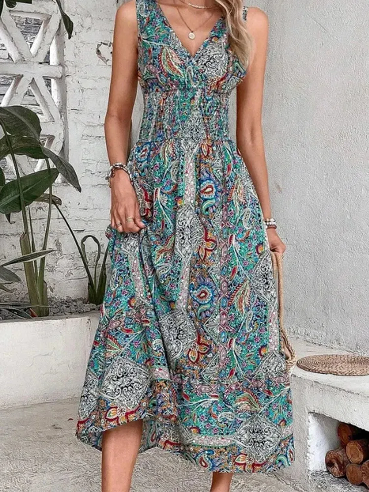 DressBetty - 2024 Elegant Bohemia Printed Sleeveless High Waist Summer Long Boho Dress