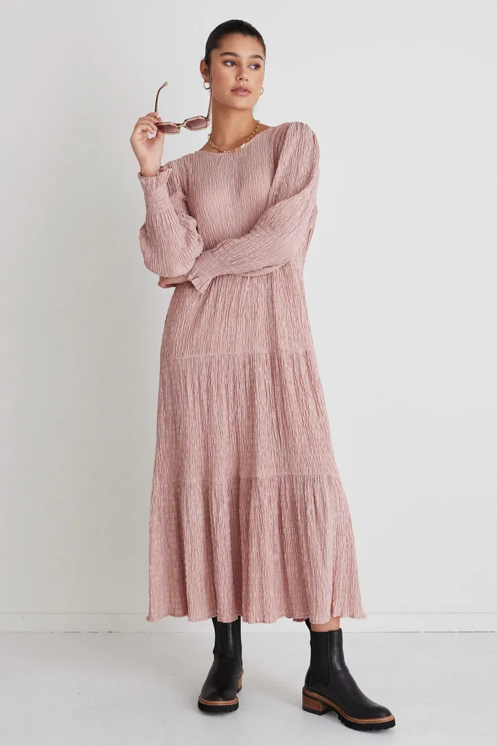 Effortless Blush LS Shirred Tiered Maxi Dress