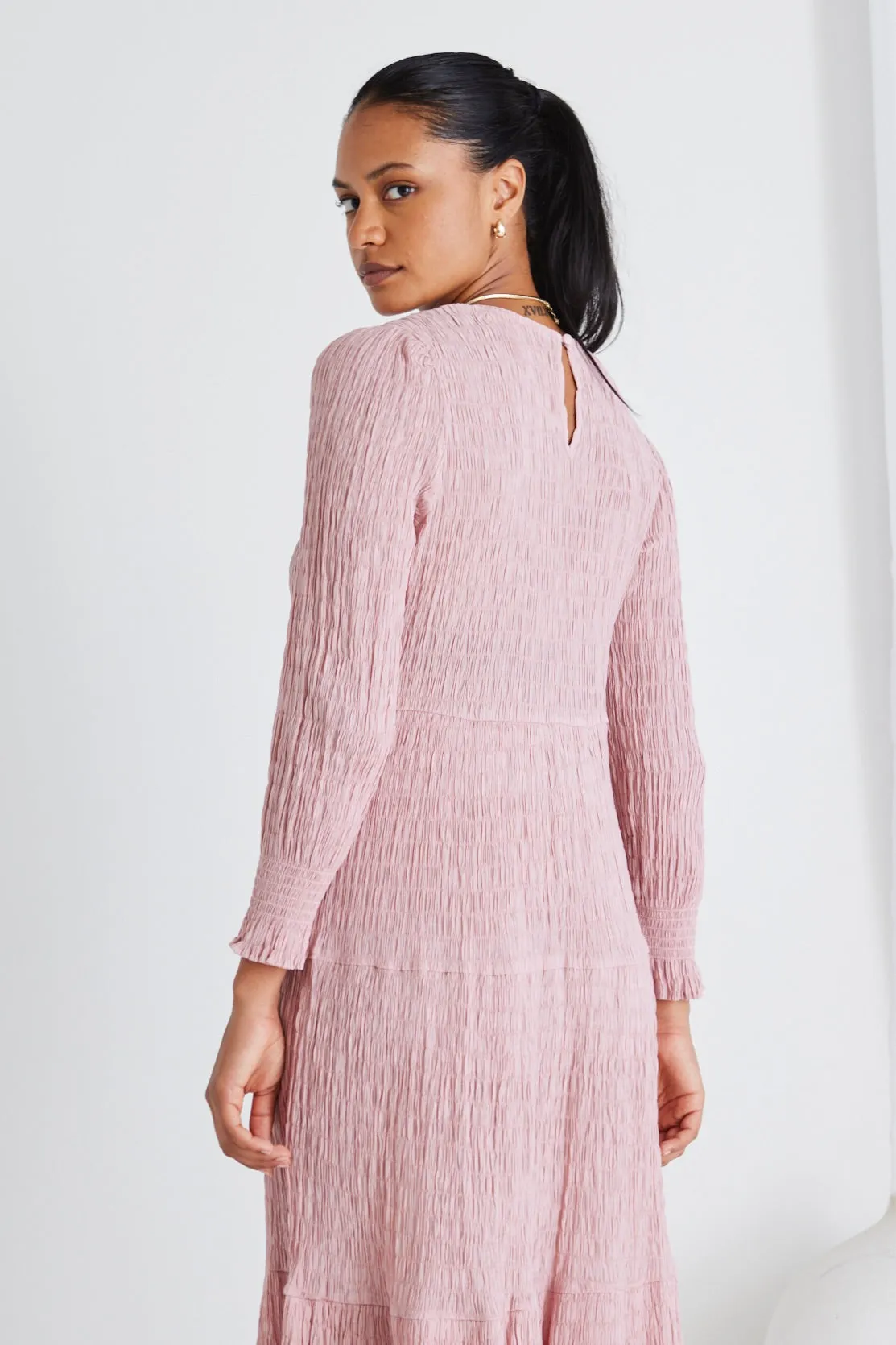 Effortless Blush LS Shirred Tiered Maxi Dress