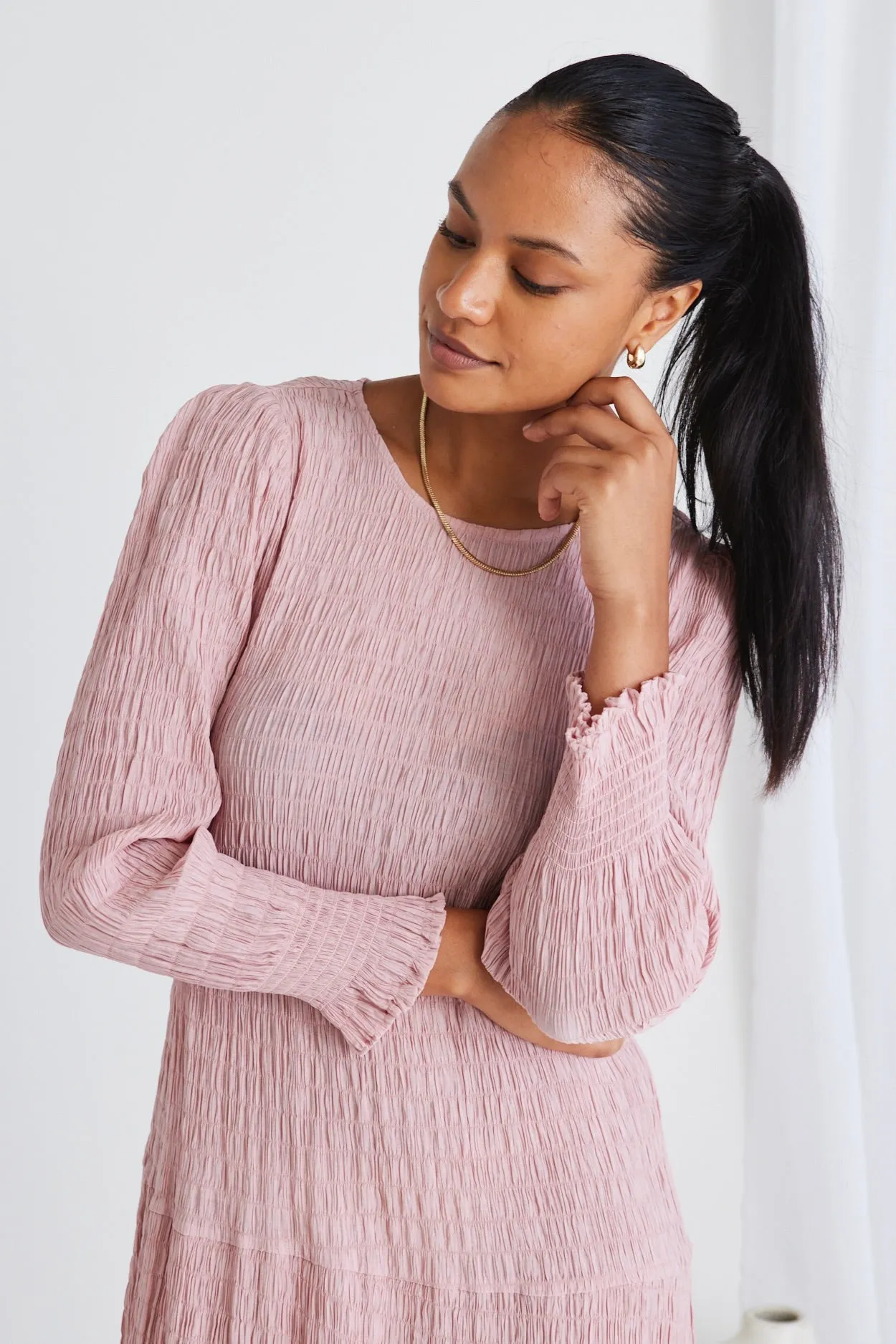 Effortless Blush LS Shirred Tiered Maxi Dress