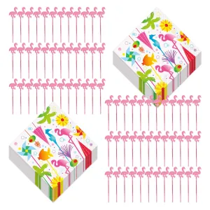 Flamingo Party Accessories - Plastic Food Picks and Summer Cocktail Beverage Napkins for 32 Guests