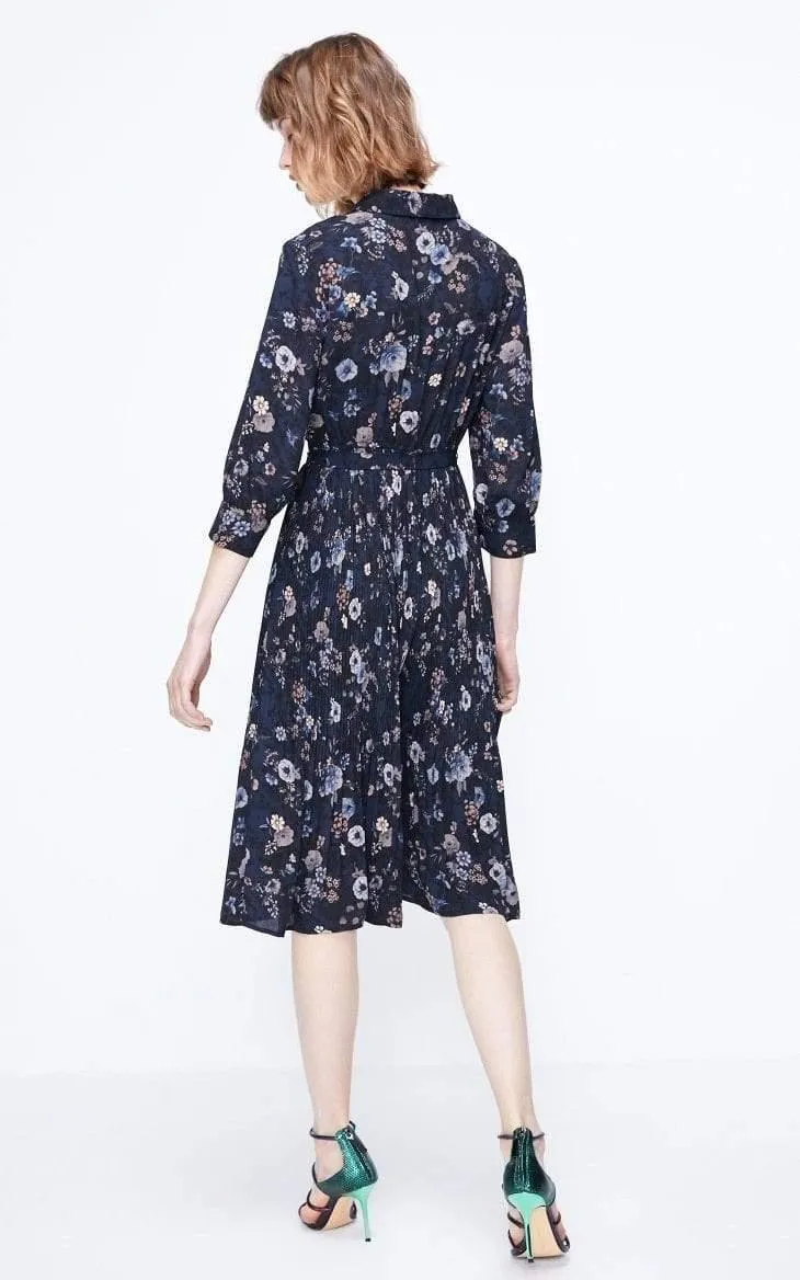 Floral Pleated A-lined Cinched Waist Chiffon Dress