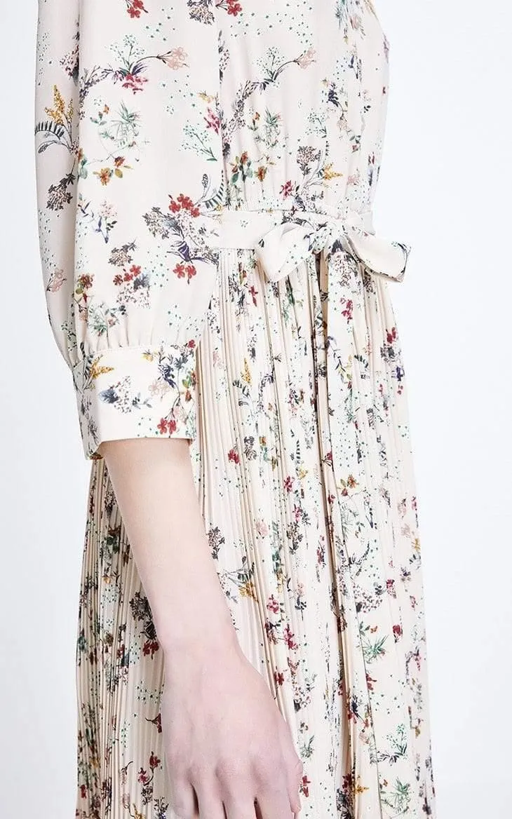 Floral Pleated A-lined Cinched Waist Chiffon Dress