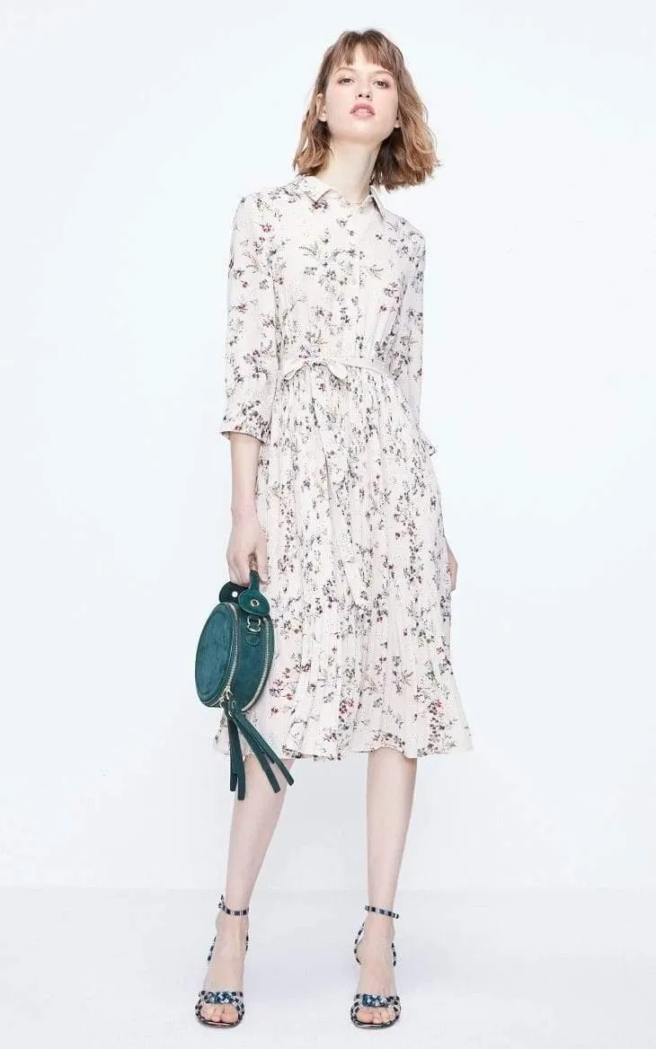 Floral Pleated A-lined Cinched Waist Chiffon Dress