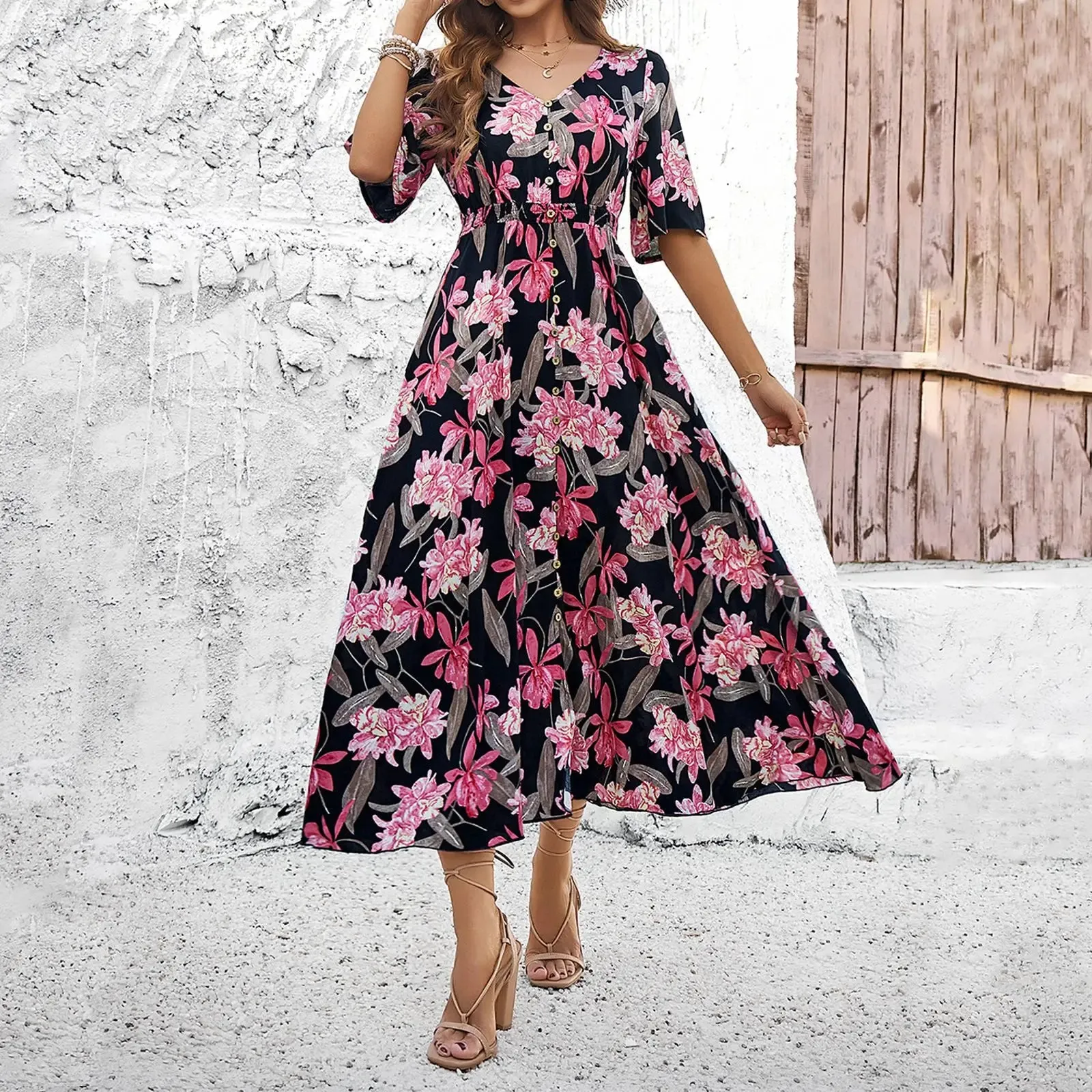 Floral Print Summer 2024 Holiday Casual Midi Dress