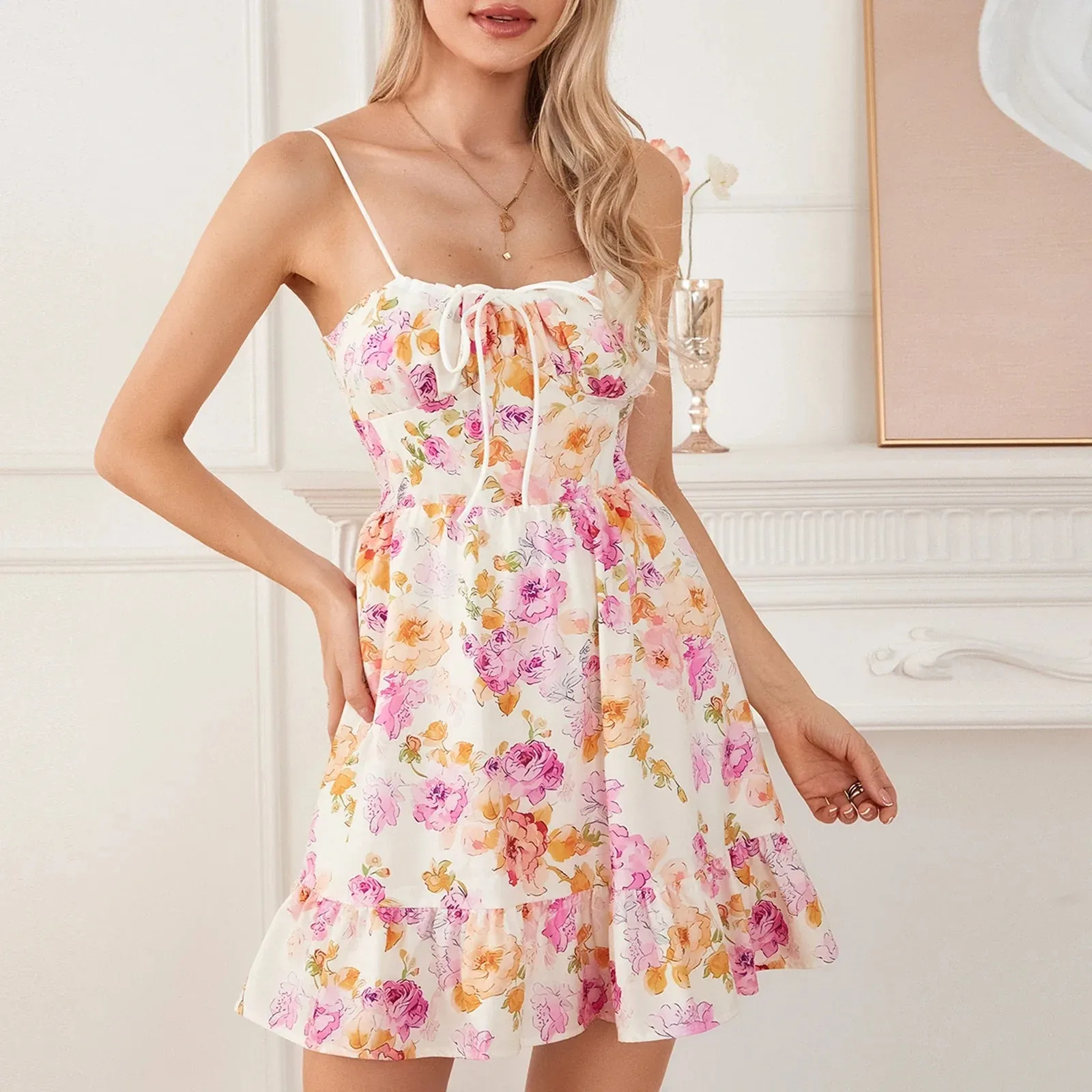 Floral Print Tie-Up Spaghetti Strap Ruffles Backless Mini A-line Summer Casual Dress