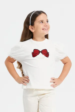 Girls White Bow Sequins T-Shirt