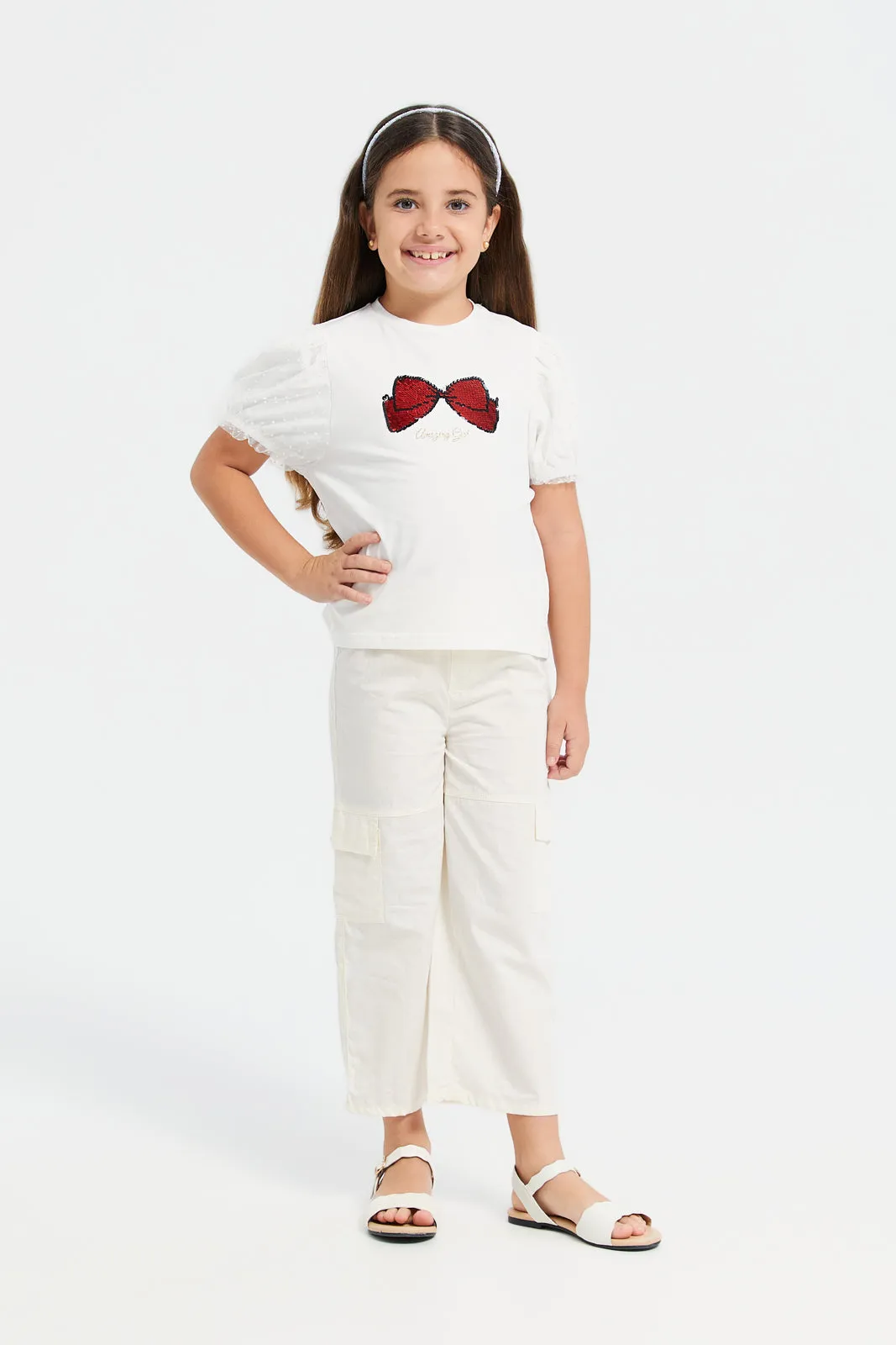 Girls White Bow Sequins T-Shirt