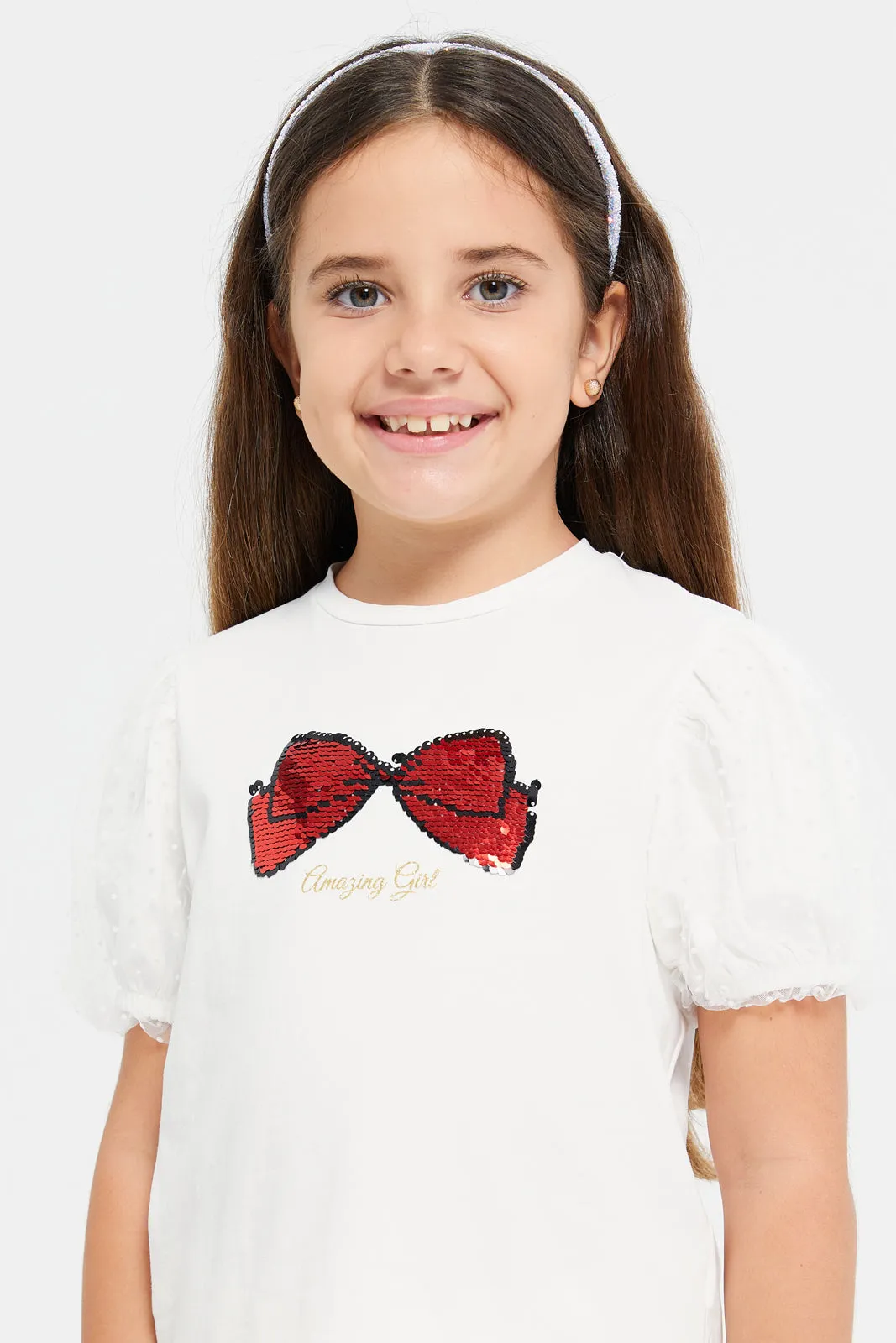 Girls White Bow Sequins T-Shirt