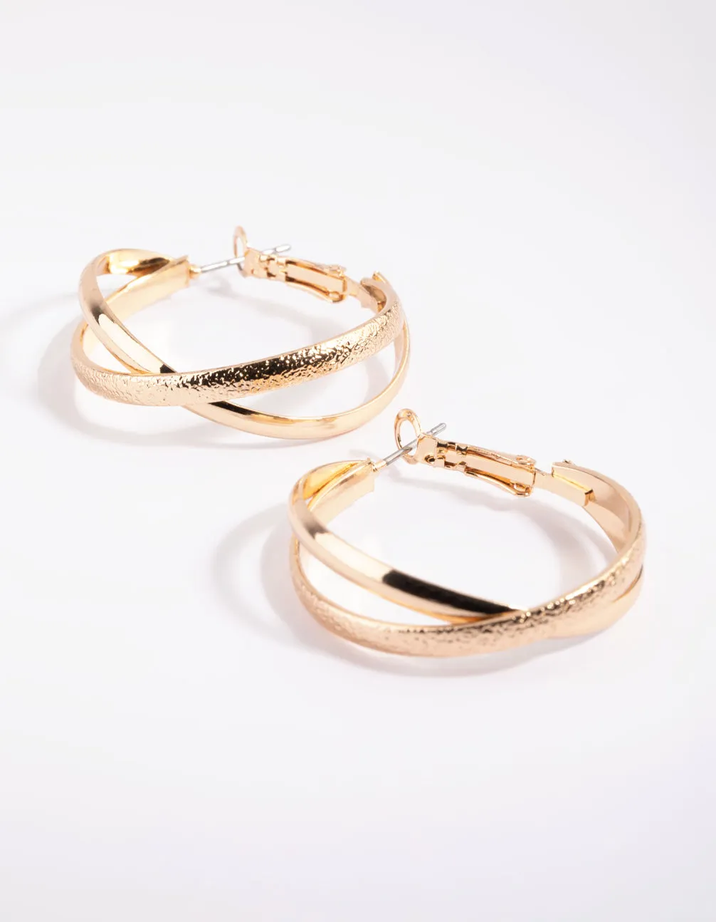 Gold Cross Over Hoop Earrings