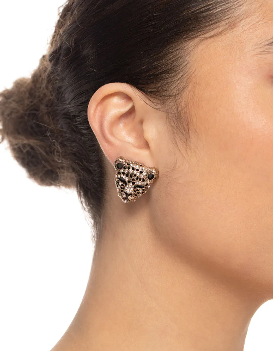 Gold Leopard Diamante Stud Earrings