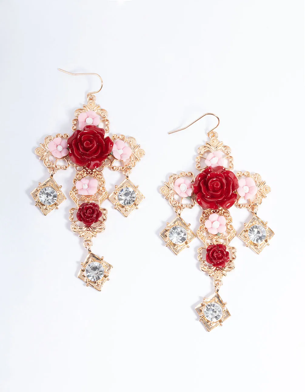 Gold Rose Statement Cross Earrings