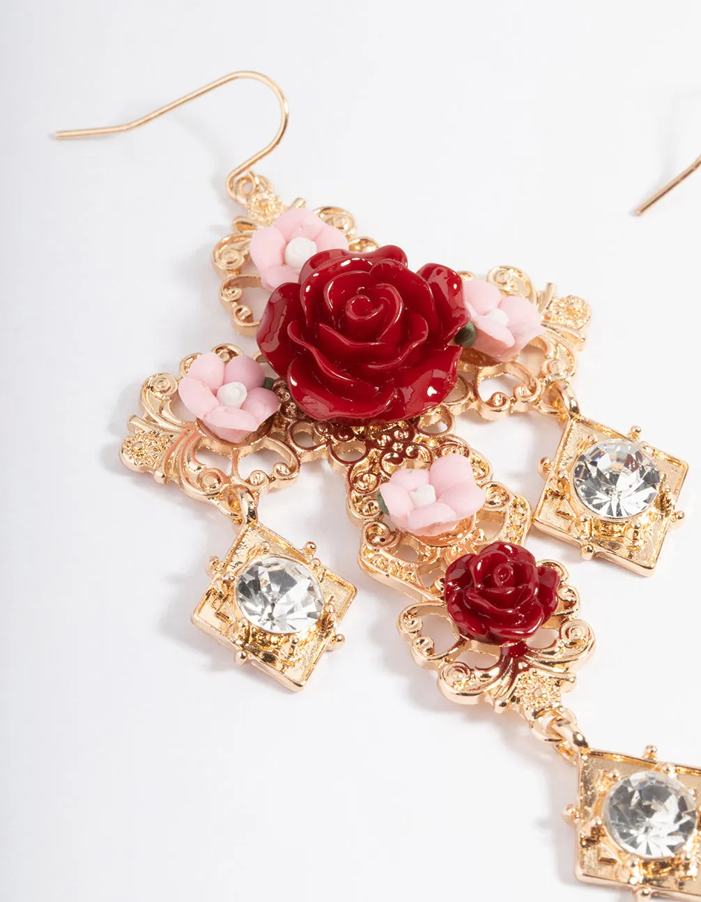 Gold Rose Statement Cross Earrings